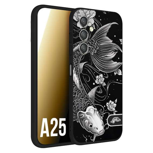 CUSTOMIZZA - Custodia cover nera morbida in tpu compatibile per Samsung A25 carpa koi black and white bianco a rilievo disegnato tattoo tatuaggio