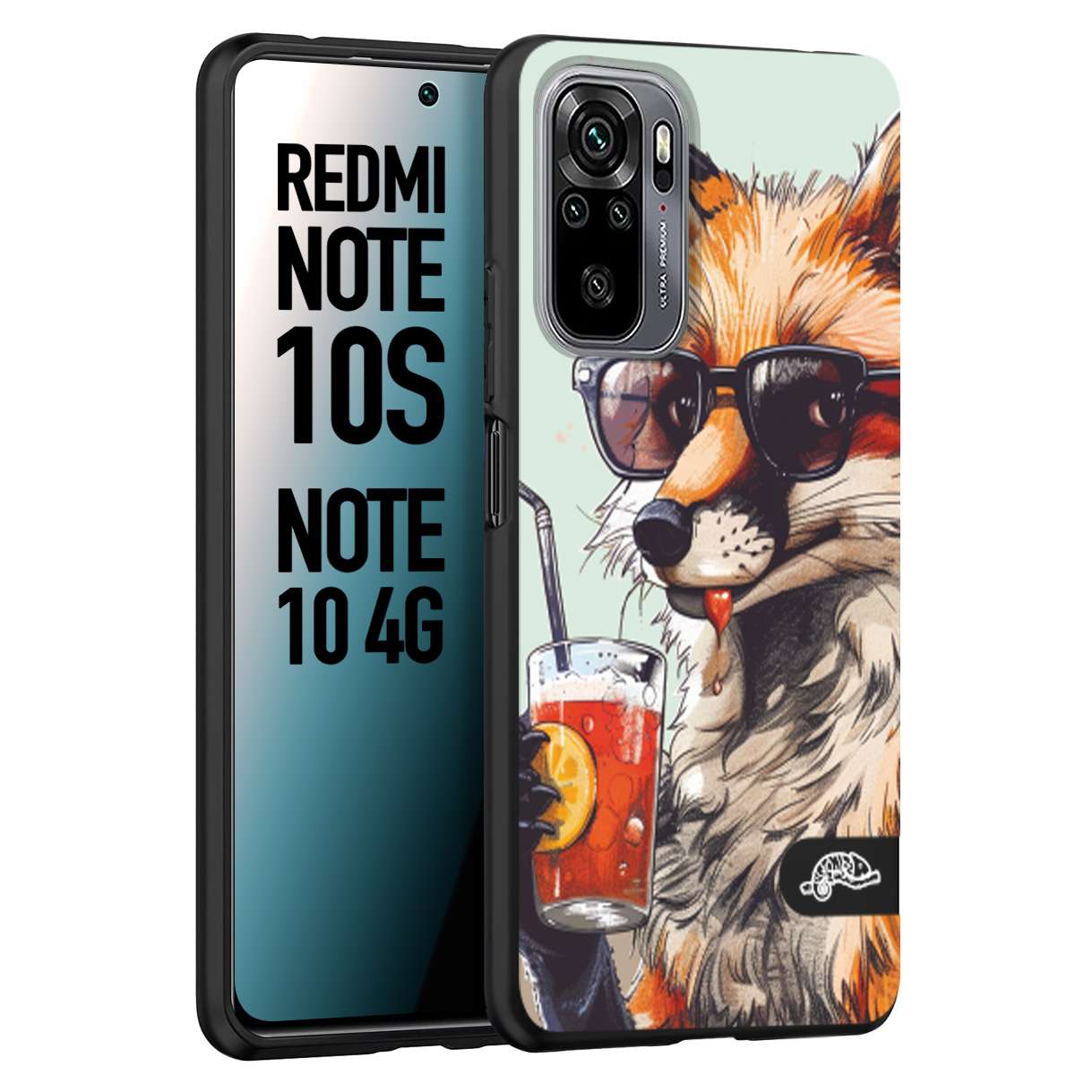 CUSTOMIZZA - Custodia cover nera morbida in tpu compatibile per Xiaomi Redmi Note 10S estate disegnata cocktails animali simpatici fox volpe negroni