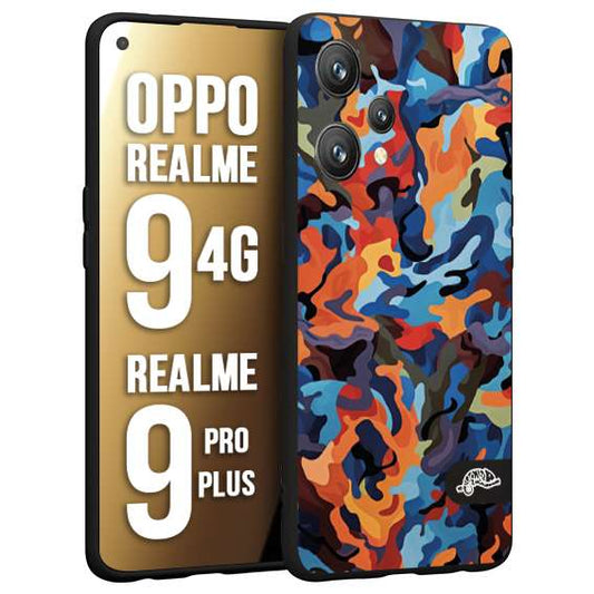 CUSTOMIZZA - Custodia cover nera morbida in tpu compatibile per Realme 9 4G - 9 PRO PLUS camouflage mimetico militare moderno blu arancio rosso