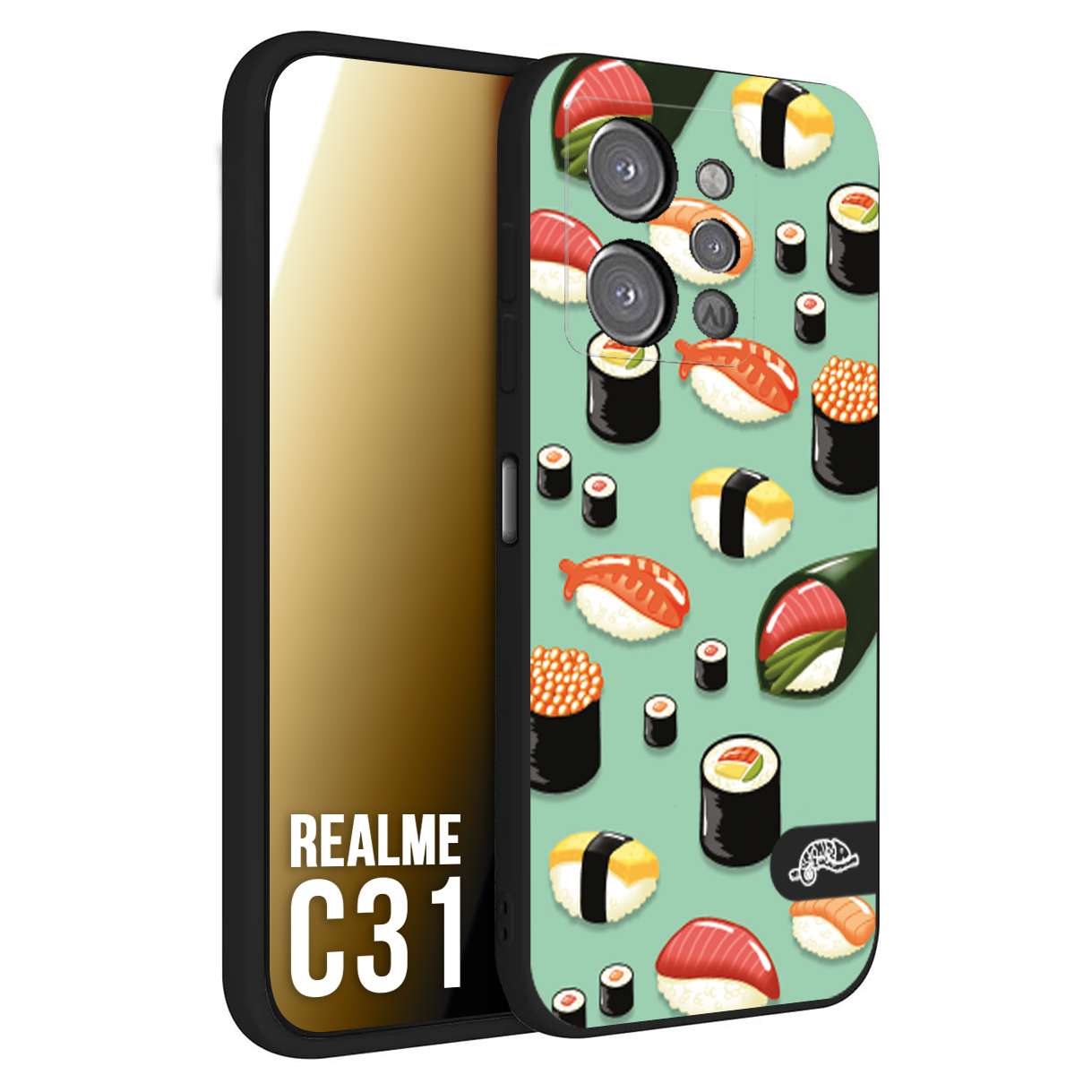 CUSTOMIZZA - Custodia cover nera morbida in tpu compatibile per Oppo Realme C31 sushi disegni giapponese nighiri acquamarina verde