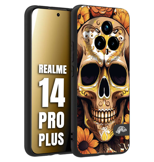 CUSTOMIZZA - Custodia cover nera morbida in tpu compatibile per Realme 14 PRO PLUS teschio messicano colorato dorato fiori tattoo disegnato