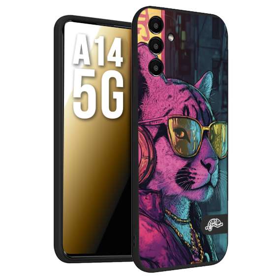 CUSTOMIZZA - Custodia cover nera morbida in tpu compatibile per Samsung A14 5G animali cyberpunk pantera street cat fucsia blu giallo