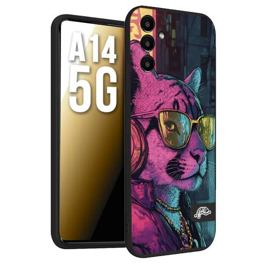CUSTOMIZZA - Custodia cover nera morbida in tpu compatibile per Samsung A14 5G animali cyberpunk pantera street cat fucsia blu giallo