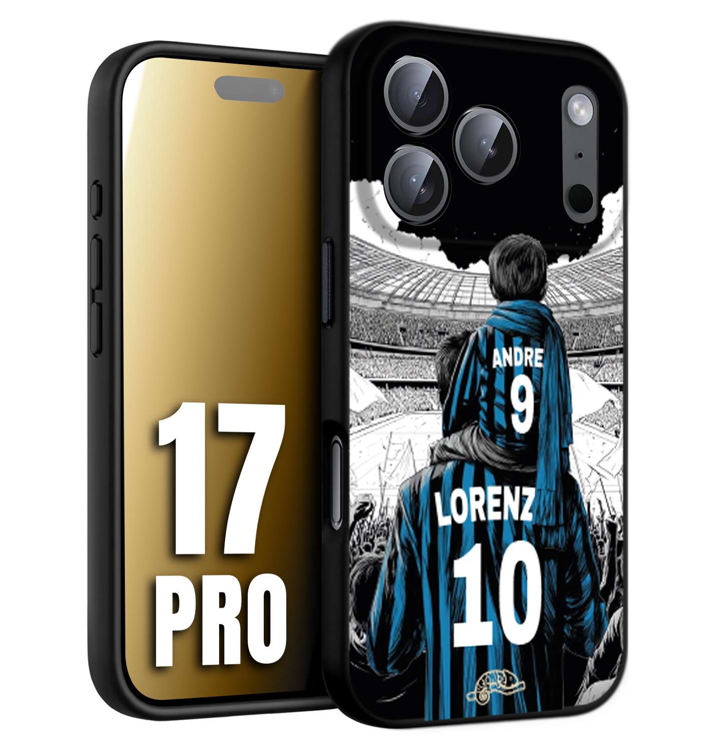 CUSTOMIZZA - Custodia cover nera morbida in tpu compatibile per iPhone 17 PRO personalizzata calcio football padre e figlio calciatori nerazzurra
