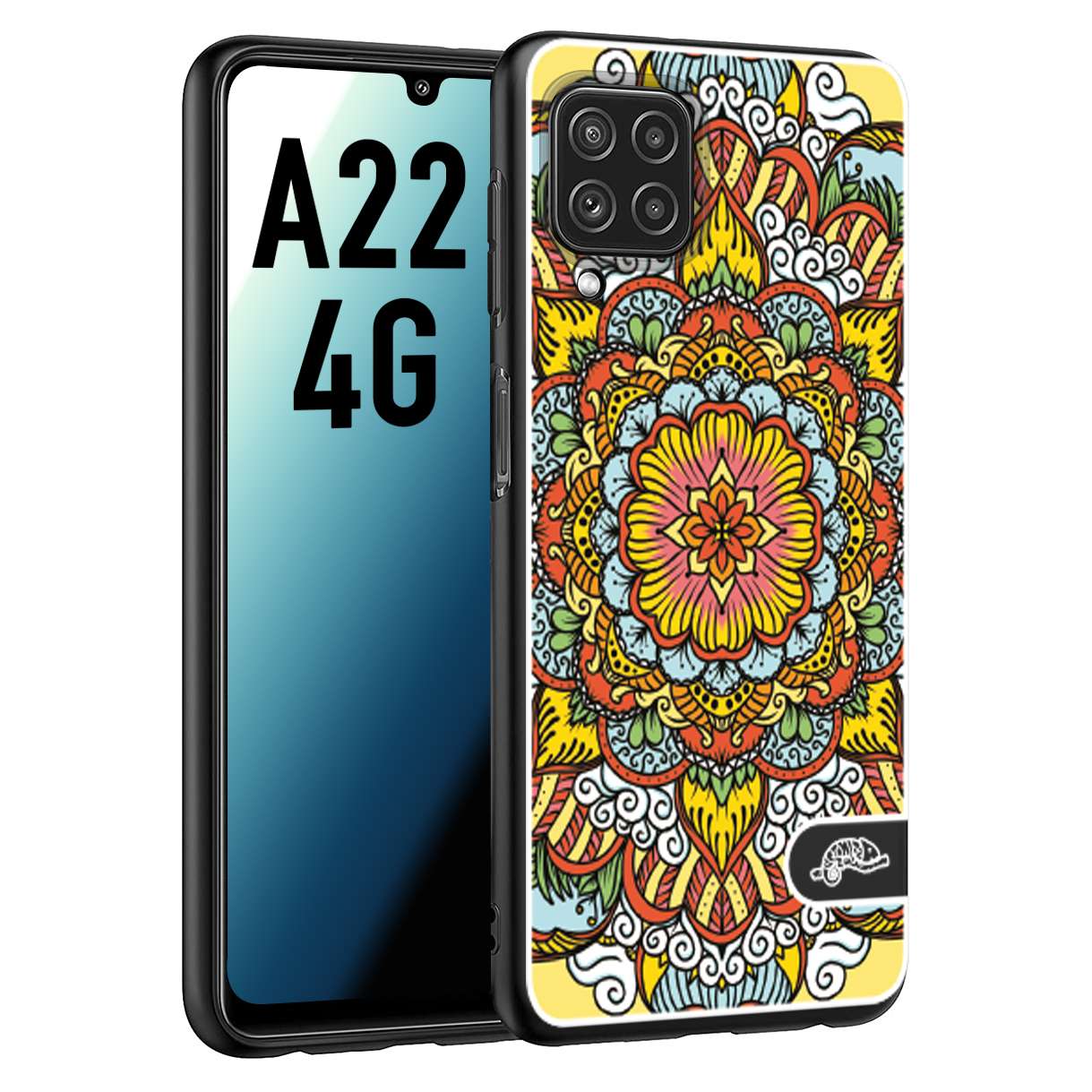 CUSTOMIZZA - Custodia cover nera morbida in tpu compatibile per Samsung A22 4G mandala colorato fiore nuvole arancione