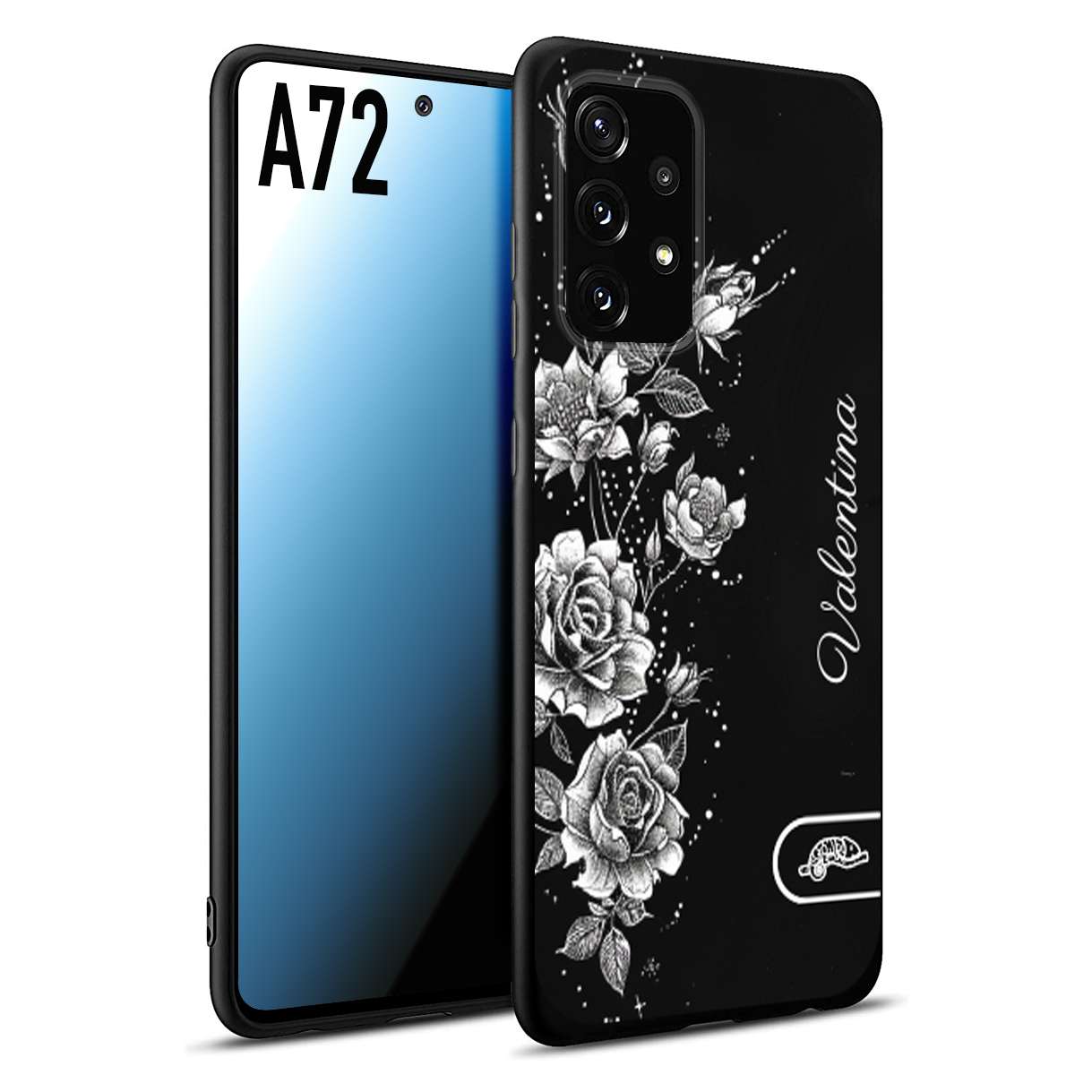 CUSTOMIZZA - Custodia cover nera morbida in tpu compatibile per Samsung A72 a rilievo soft touch personalizzata nome rose fiori donna