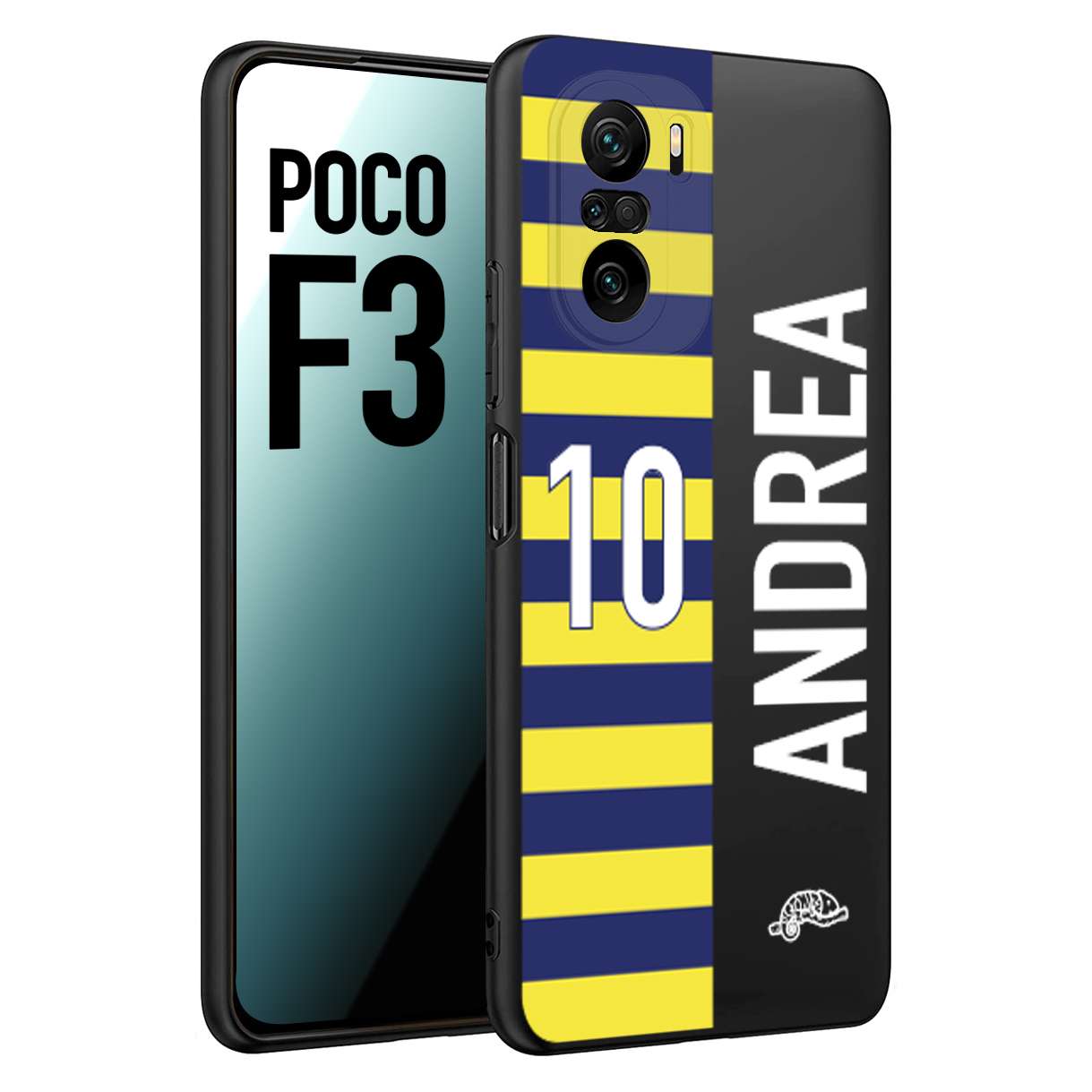 CUSTOMIZZA - Custodia cover nera morbida in tpu compatibile per Xiaomi Poco F3 personalizzata calcio football nome e numero calciatori giallo blu