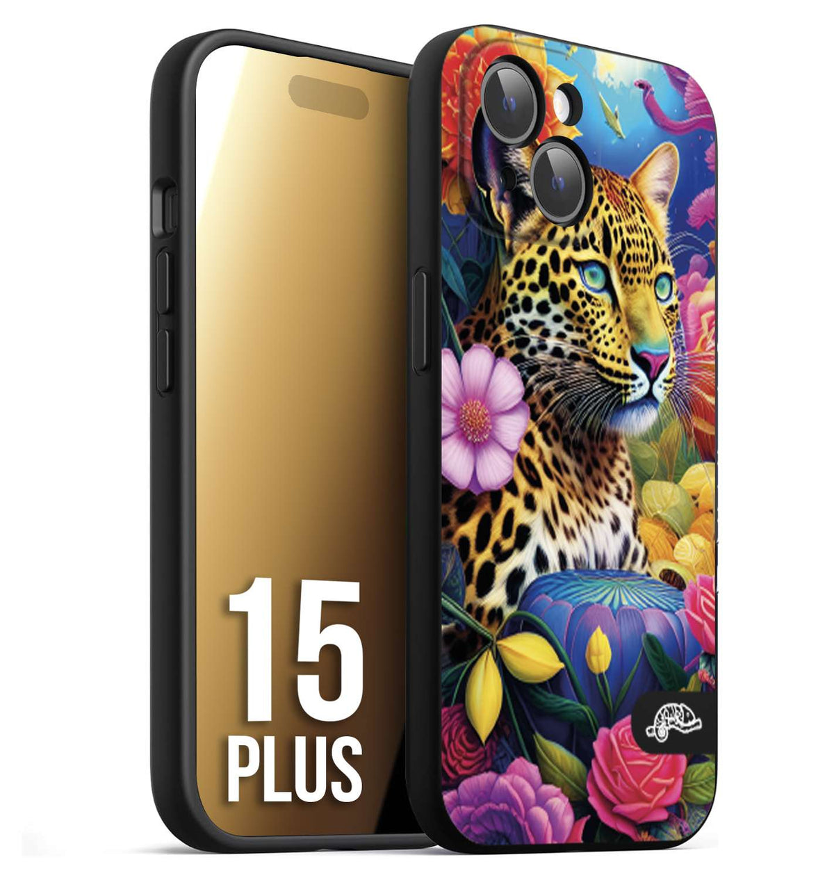 CUSTOMIZZA - Custodia cover nera morbida in tpu compatibile per iPhone 15 PLUS astratti donna flower fantasia leopardo ghepardo animali colorati
