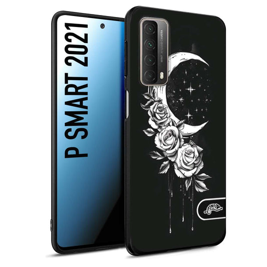 CUSTOMIZZA - Custodia cover nera morbida in tpu compatibile per Huawei P Smart 2021 luna e fiori moon flowers black and white bianco a rilievo disegnato tattoo tatuaggio