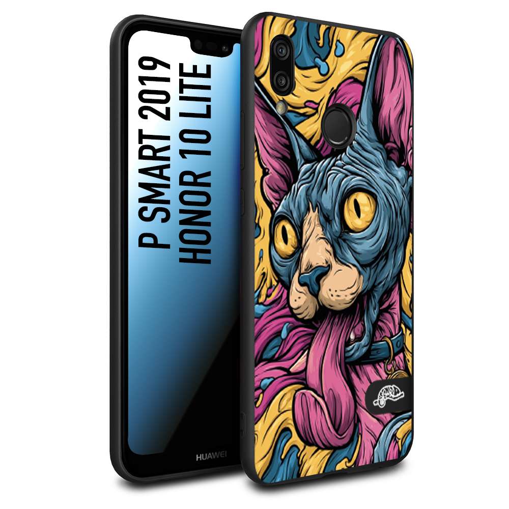 CUSTOMIZZA - Custodia cover nera morbida in tpu compatibile per Huawei P SMART 2019 Sphynx Colorato Pop Art Psichedelico Gatto Blu Rosa Giallo Artistica Fantasy