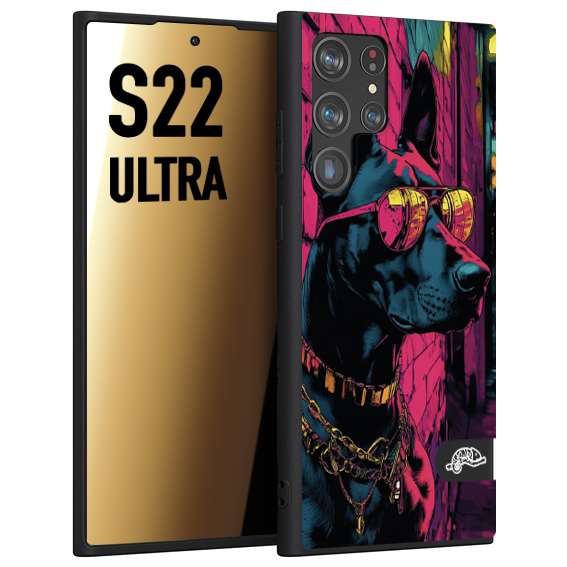 CUSTOMIZZA - Custodia cover nera morbida in tpu compatibile per Samsung S22 ULTRA animali cyberpunk dobermann cane street dog fucsia blu