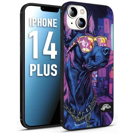 CUSTOMIZZA - Custodia cover nera morbida in tpu compatibile per iPhone 14 PLUS animali cyberpunk dobermann cane street dog fucsia blu night