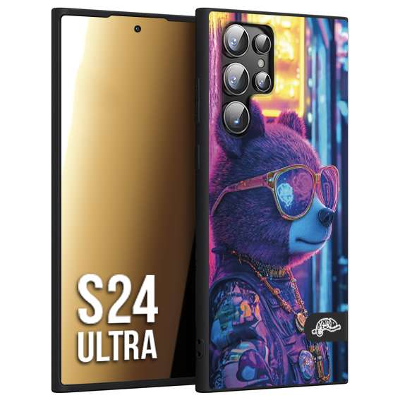 CUSTOMIZZA - Custodia cover nera morbida in tpu compatibile per Samsung S24 ULTRA animali cyberpunk orsetto orso street bear fucsia blu night