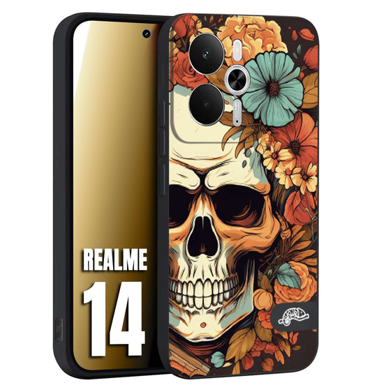 CUSTOMIZZA - Custodia cover nera morbida in tpu compatibile per Realme 14 5G teschio skull flowers fiori autunnali arancio celeste tattoo