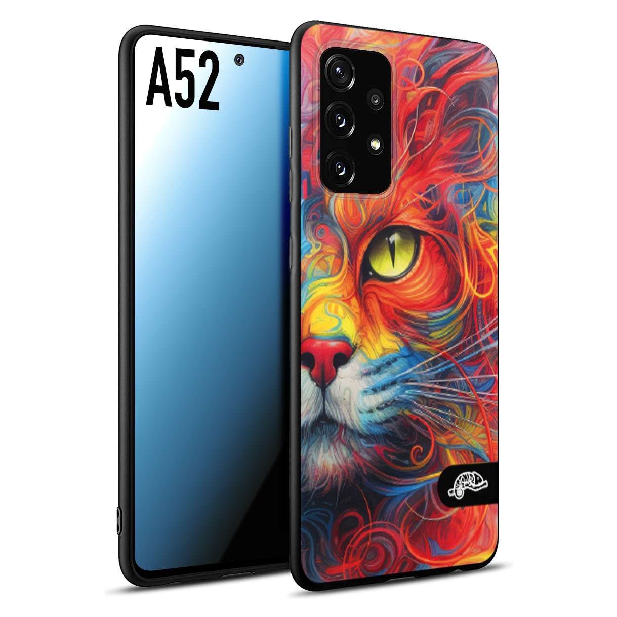 CUSTOMIZZA - Custodia cover nera morbida in tpu compatibile per Samsung A52 animali color cat gatto viso colori vibranti disegnato schizzo