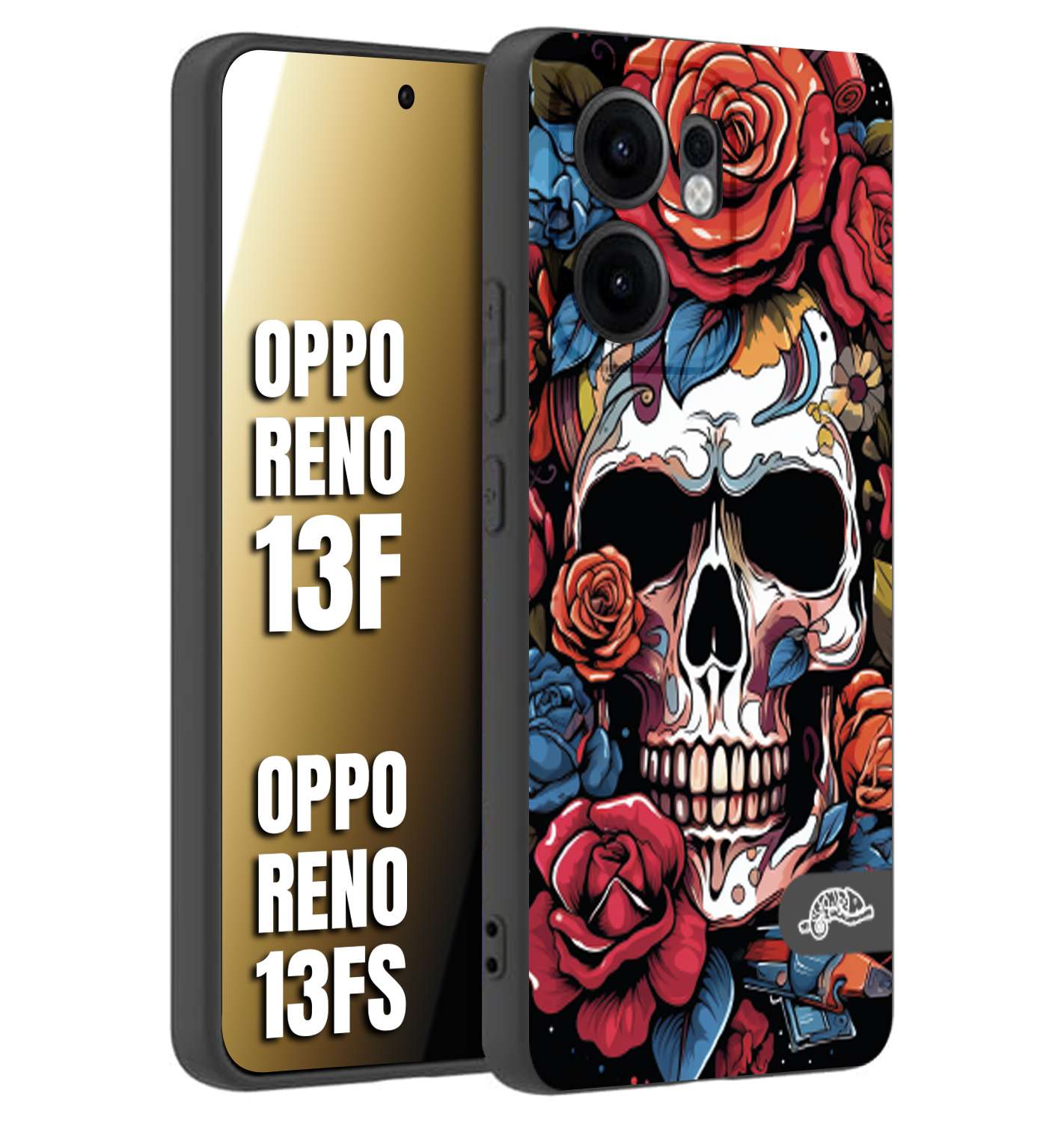 CUSTOMIZZA - Custodia cover nera morbida in tpu compatibile per Oppo Reno 13 F teschio skull flowers fiori rose rosse tattoo disegnato