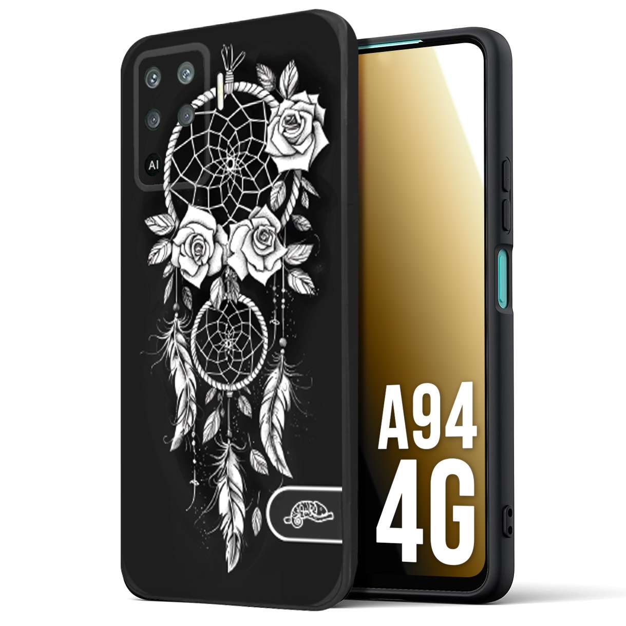 CUSTOMIZZA - Custodia cover nera morbida in tpu compatibile per Oppo A94 4G acchiappasogni dreamcatcher black and white bianco a rilievo disegnato tattoo tatuaggio