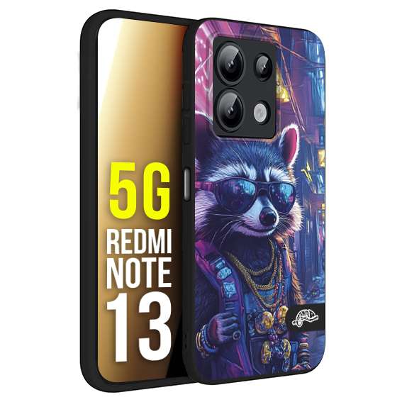 CUSTOMIZZA - Custodia cover nera morbida in tpu compatibile per Xiaomi Redmi Note 13 5G animali simpatici cyberpunk procione racoon street cat fucsia blu giallo