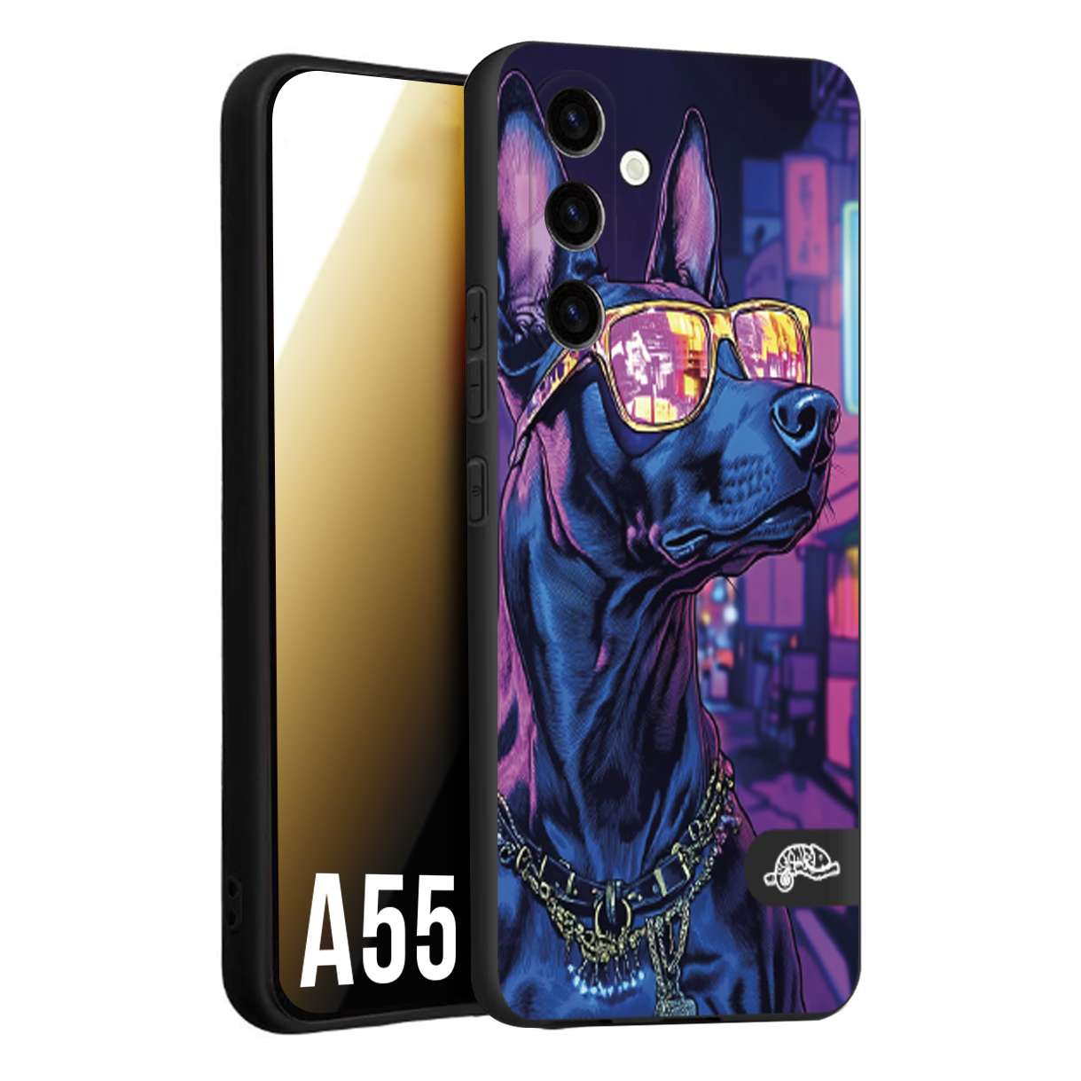 CUSTOMIZZA - Custodia cover nera morbida in tpu compatibile per Samsung A55 5G animali cyberpunk dobermann cane street dog fucsia blu night