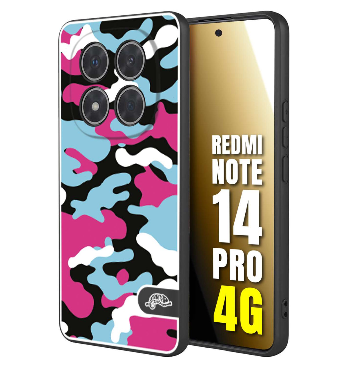 CUSTOMIZZA - Custodia cover nera morbida in tpu compatibile per Xiaomi Redmi Note 14 PRO 4G camouflage mimetico militare fucsia celeste