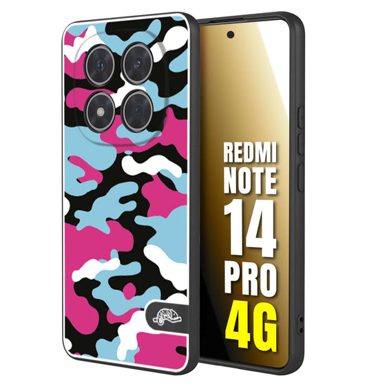 CUSTOMIZZA - Custodia cover nera morbida in tpu compatibile per Xiaomi Redmi Note 14 PRO 4G camouflage mimetico militare fucsia celeste