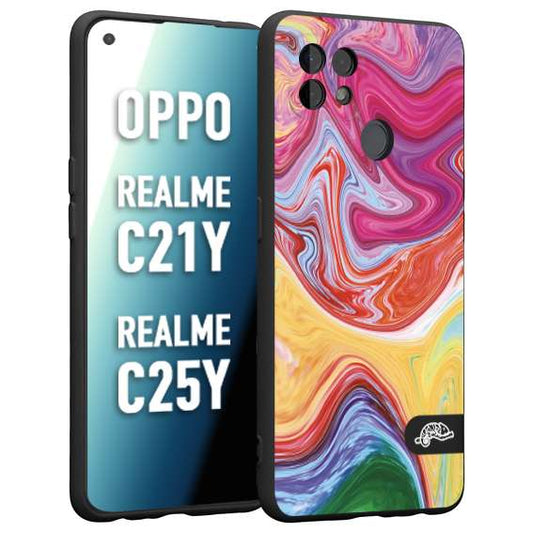 CUSTOMIZZA - Custodia cover nera morbida in tpu compatibile per Realme C21Y - C25Y colorata fantasia vortice marmo onde verde fucsia gialla