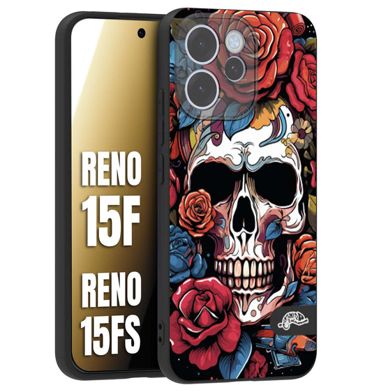 CUSTOMIZZA - Custodia cover nera morbida in tpu compatibile per Oppo Reno 15 F - Reno 15 FS teschio skull flowers fiori rose rosse tattoo disegnato