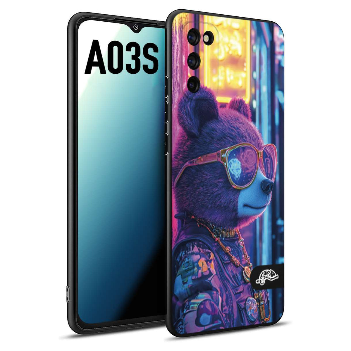 CUSTOMIZZA - Custodia cover nera morbida in tpu compatibile per Samsung A03S animali cyberpunk orsetto orso street bear fucsia blu night