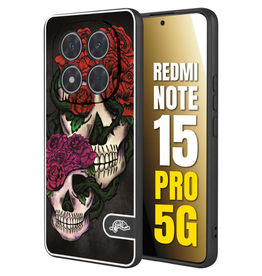 CUSTOMIZZA - Custodia cover nera morbida in tpu compatibile per Xiaomi Redmi Note 15 PRO 5G teschi e rose rosse fucsia skull and roses