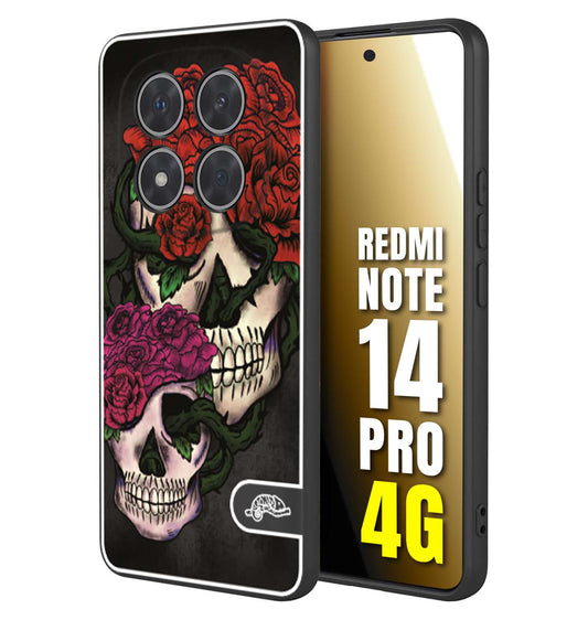 CUSTOMIZZA - Custodia cover nera morbida in tpu compatibile per Xiaomi Redmi Note 14 PRO 4G teschi e rose rosse fucsia skull and roses