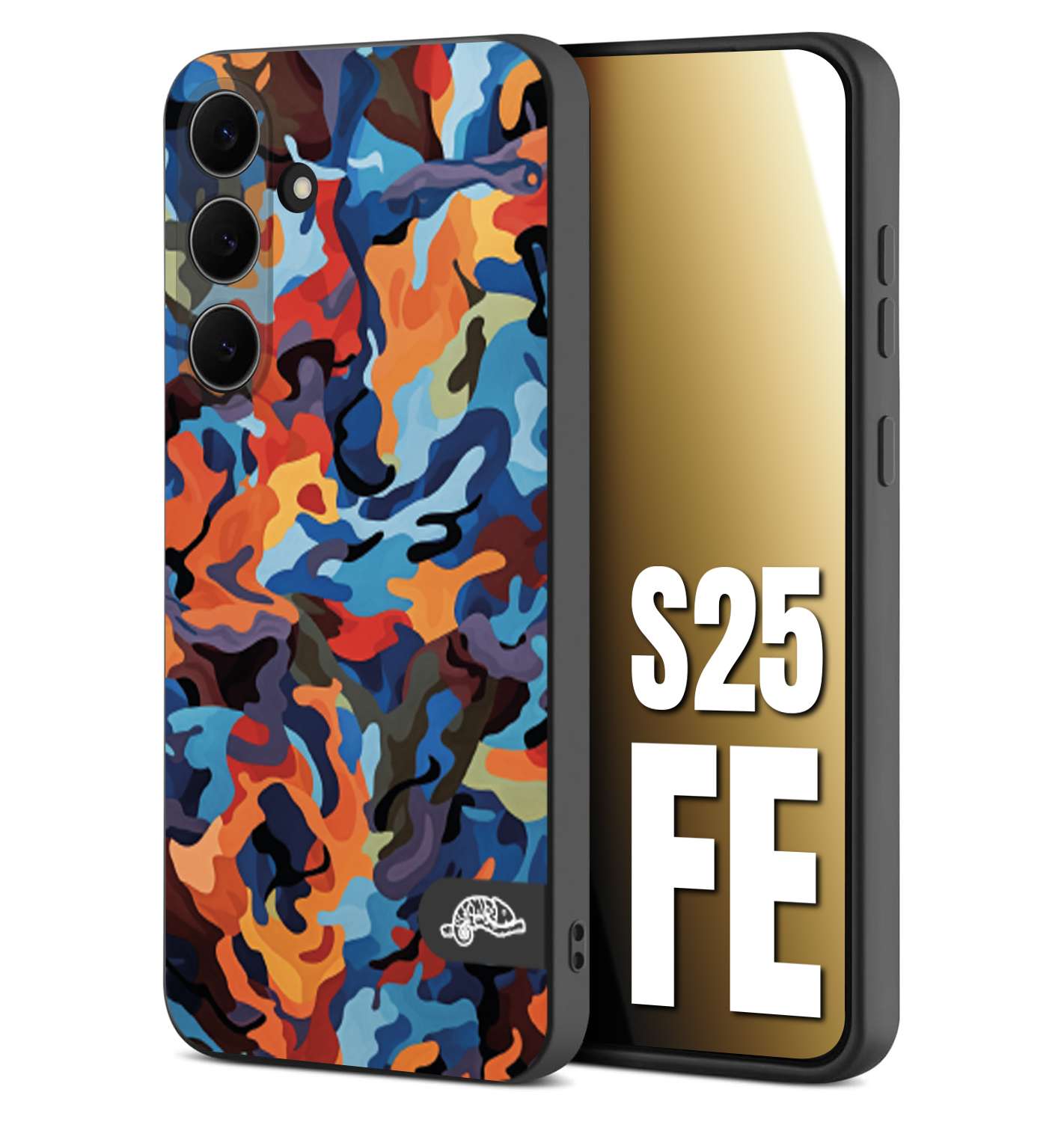 CUSTOMIZZA - Custodia cover nera morbida in tpu compatibile per Samsung S25 FE camouflage mimetico militare moderno blu arancio rosso