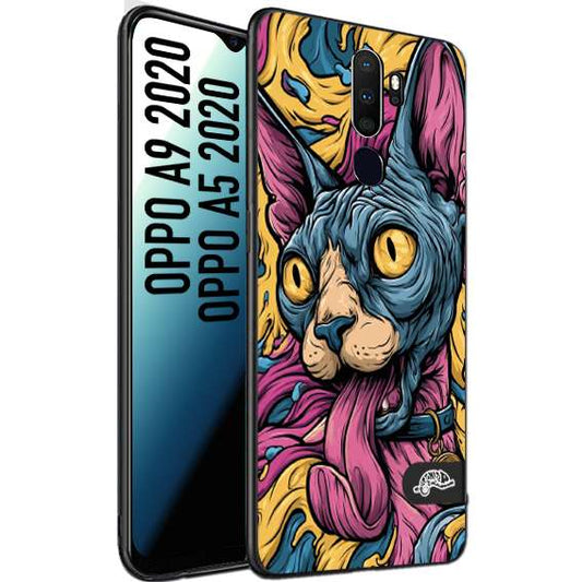 CUSTOMIZZA - Custodia cover nera morbida in tpu compatibile per Oppo A9 2020 - A5 2020 Sphynx Colorato Pop Art Psichedelico Gatto Blu Rosa Giallo Artistica Fantasy