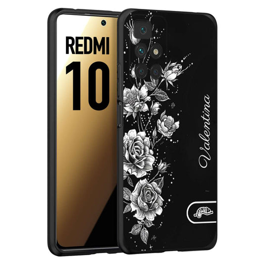 CUSTOMIZZA - Custodia cover nera morbida in tpu compatibile per Xiaomi Redmi 10 personalizzata rilievo soft touch nome rose fiori donna