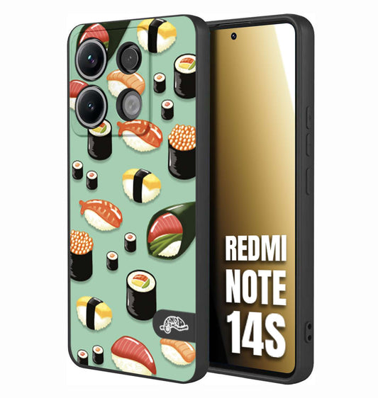 CUSTOMIZZA - Custodia cover nera morbida in tpu compatibile per Xiaomi Redmi Note 14S sushi disegni giapponese nighiri acquamarina verde