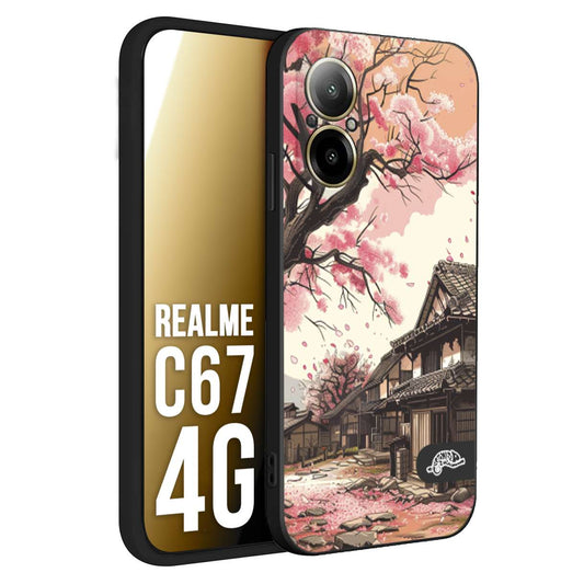 CUSTOMIZZA - Custodia cover nera morbida in tpu compatibile per Realme C67 4G casa giapponese rosa ciliegio in fiore disegnata tattoo