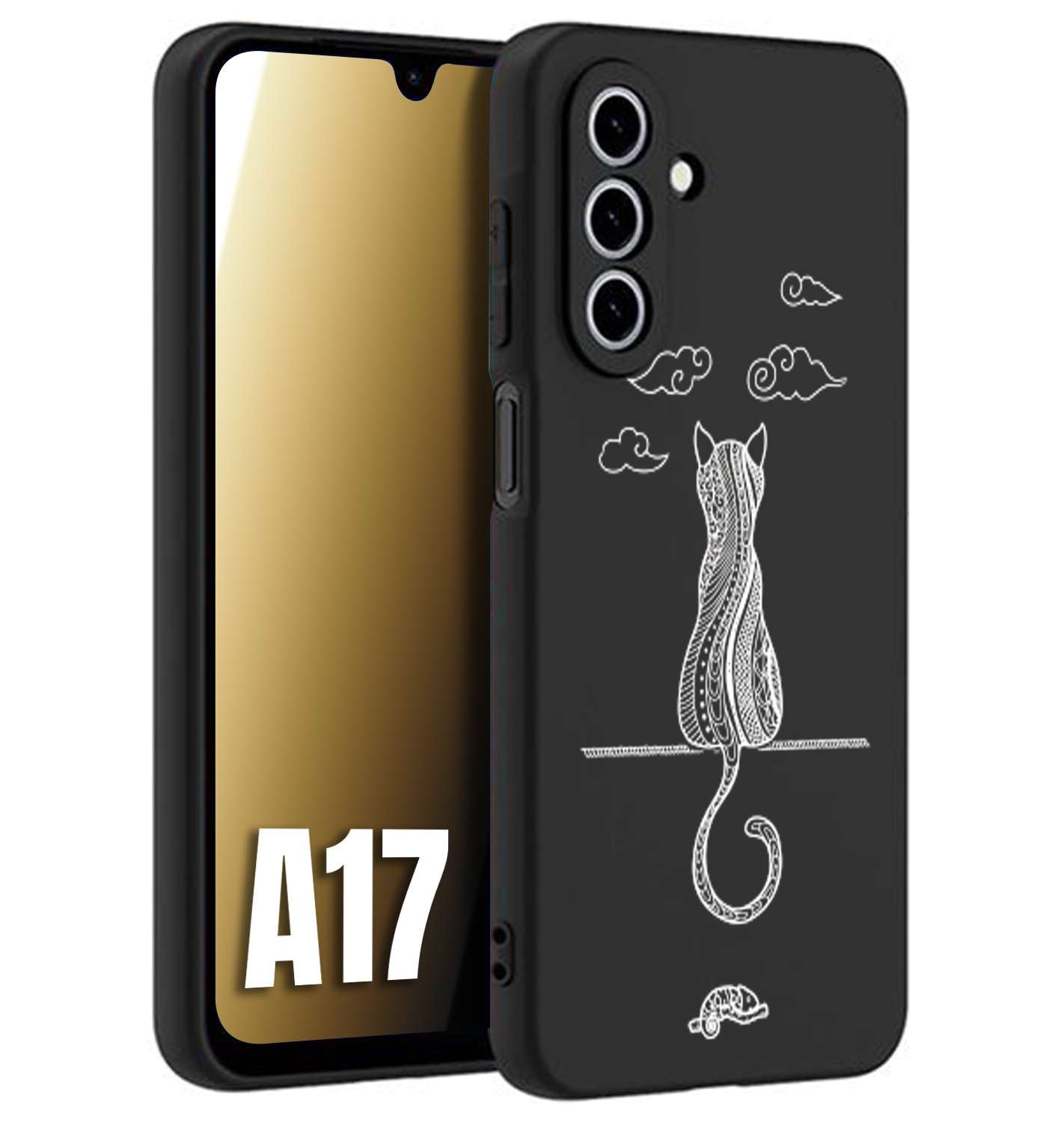 CUSTOMIZZA - Custodia cover nera morbida in tpu compatibile per Samsung A17 gatto mandala stilizzato gattino a rilievo soft touch donna bianca