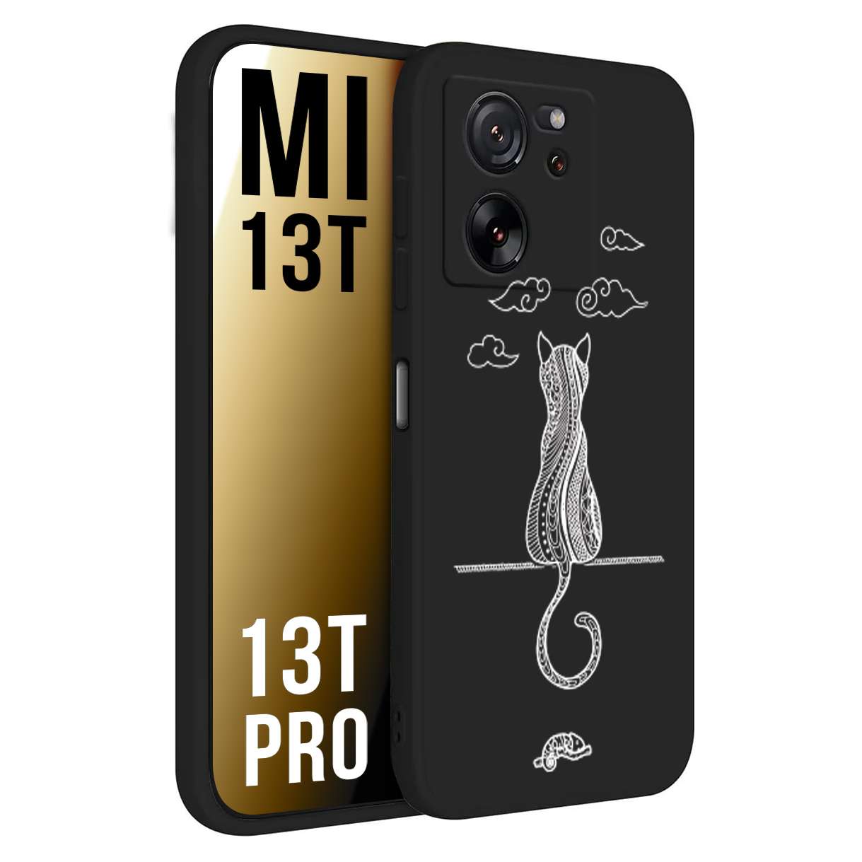 CUSTOMIZZA - Custodia cover nera morbida in tpu compatibile per Xiaomi 13T - 13T PRO gatto mandala stilizzato gattino a rilievo soft touch donna bianca