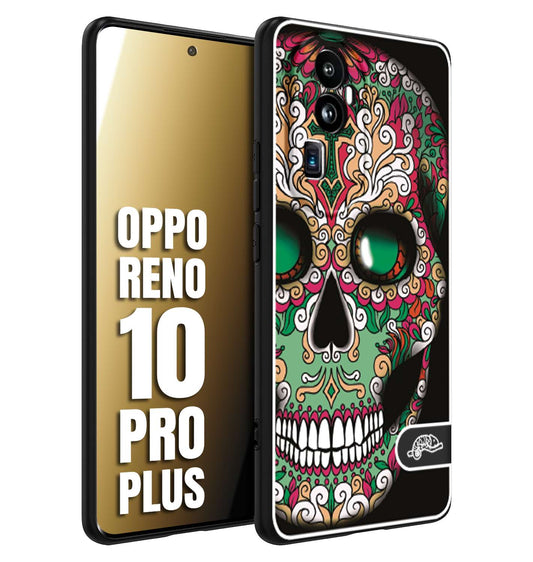 CUSTOMIZZA - Custodia cover nera morbida in tpu compatibile per Oppo Reno 10 PRO PLUS teschio messicano Mexican skull verde fucsia