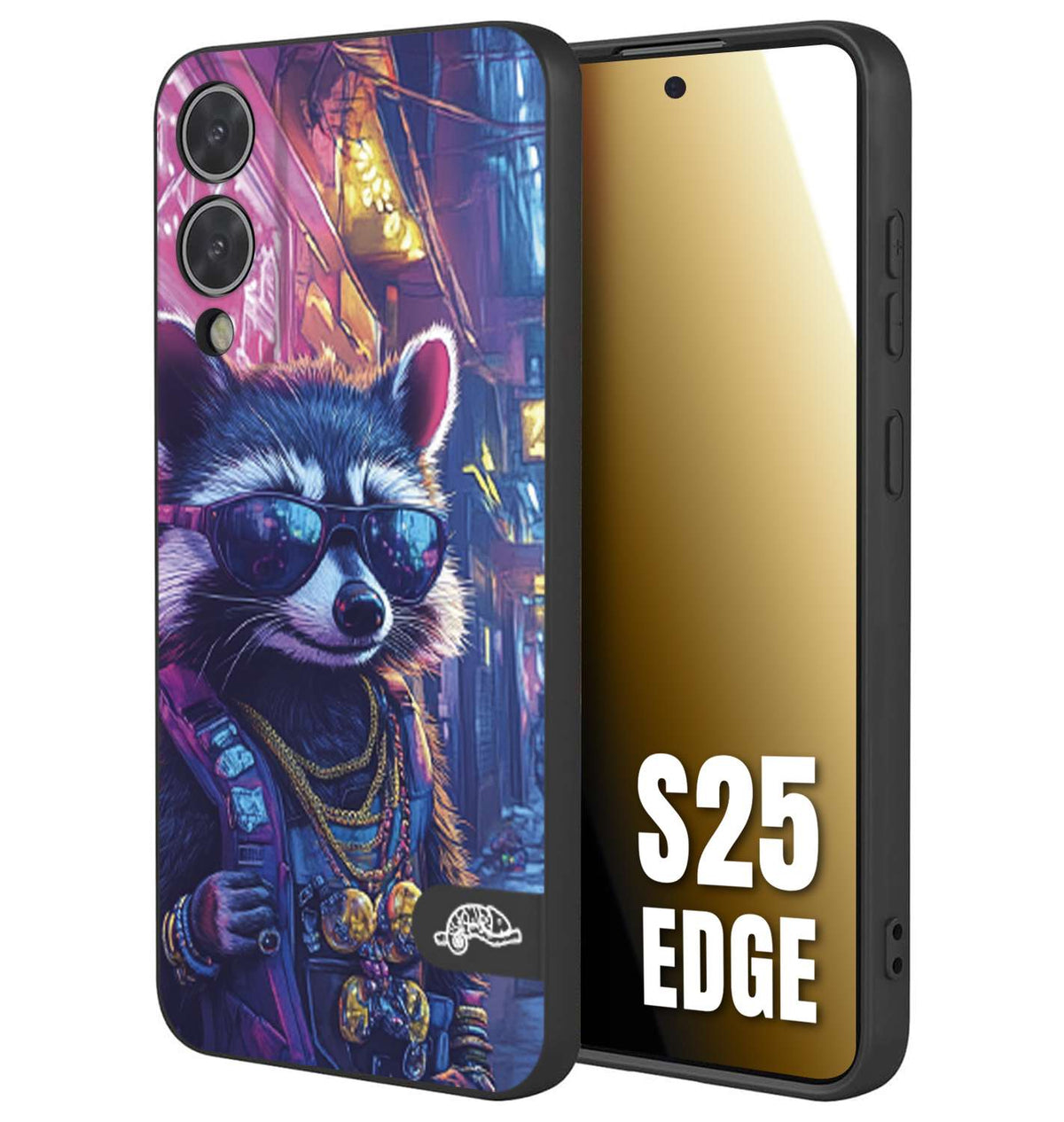 CUSTOMIZZA - Custodia cover nera morbida in tpu compatibile per Samsung S25 EDGE animali simpatici cyberpunk procione racoon street cat fucsia blu giallo