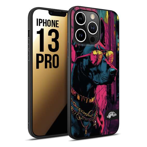 CUSTOMIZZA - Custodia cover nera morbida in tpu compatibile per iPhone 13 PRO animali cyberpunk dobermann cane street dog fucsia blu