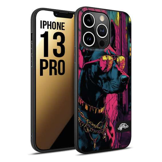 CUSTOMIZZA - Custodia cover nera morbida in tpu compatibile per iPhone 13 PRO animali cyberpunk dobermann cane street dog fucsia blu