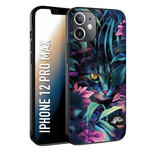 CUSTOMIZZA - Custodia cover nera morbida in tpu compatibile per iPhone 12 PRO MAX animali color giungla tropicale occhio di gatto colori vibranti disegnato