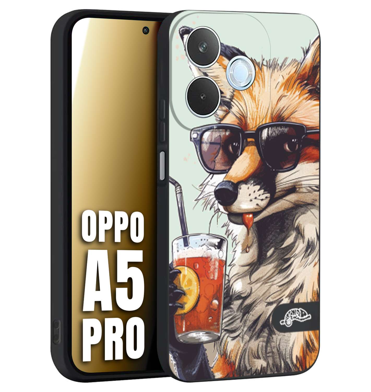 CUSTOMIZZA - Custodia cover nera morbida in tpu compatibile per Oppo A5 PRO estate disegnata cocktails animali simpatici fox volpe negroni