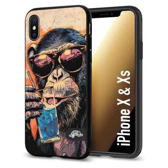 CUSTOMIZZA - Custodia cover nera morbida in tpu compatibile per iPhone X - Xs estate disegnata cocktails animali simpatici scimmia monkey negroni