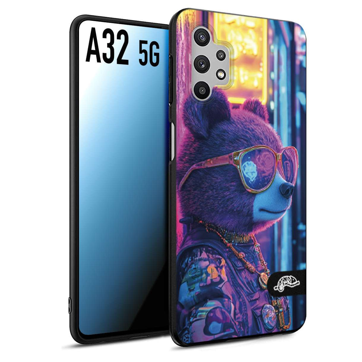 CUSTOMIZZA - Custodia cover nera morbida in tpu compatibile per Samsung A32 5G animali cyberpunk orsetto orso street bear fucsia blu night