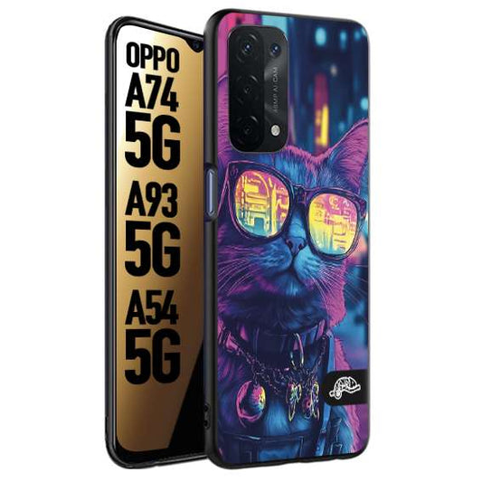 CUSTOMIZZA - Custodia cover nera morbida in tpu compatibile per Oppo A74 5G - A93 5G - A54 5G animali cyberpunk gatto street cat fucsia blu giallo