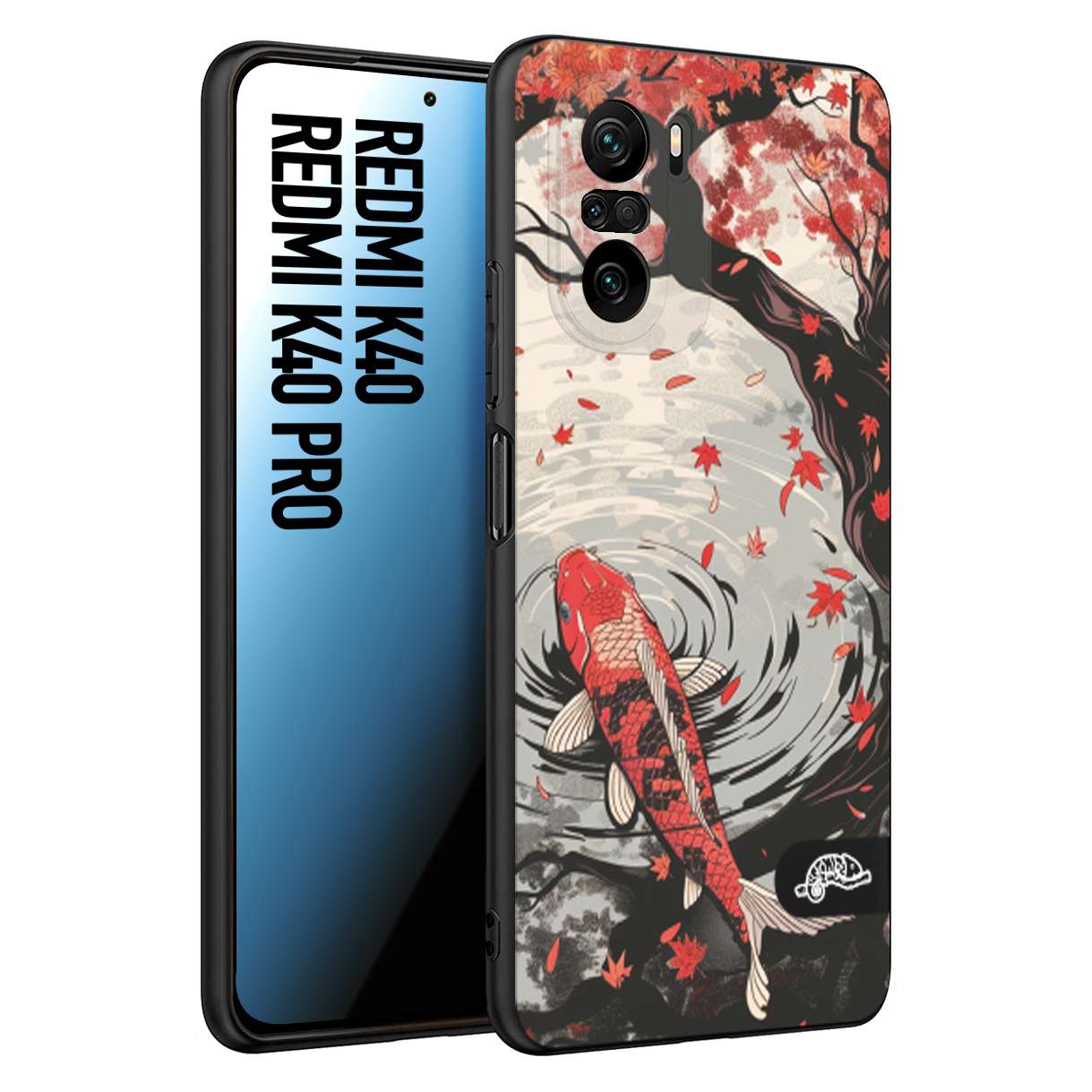 CUSTOMIZZA - Custodia cover nera morbida in tpu compatibile per Xiaomi Redmi K40 - K40 Pro giapponese lago carpa koi rossa con foglie d'acero rosso disegnata tattoo