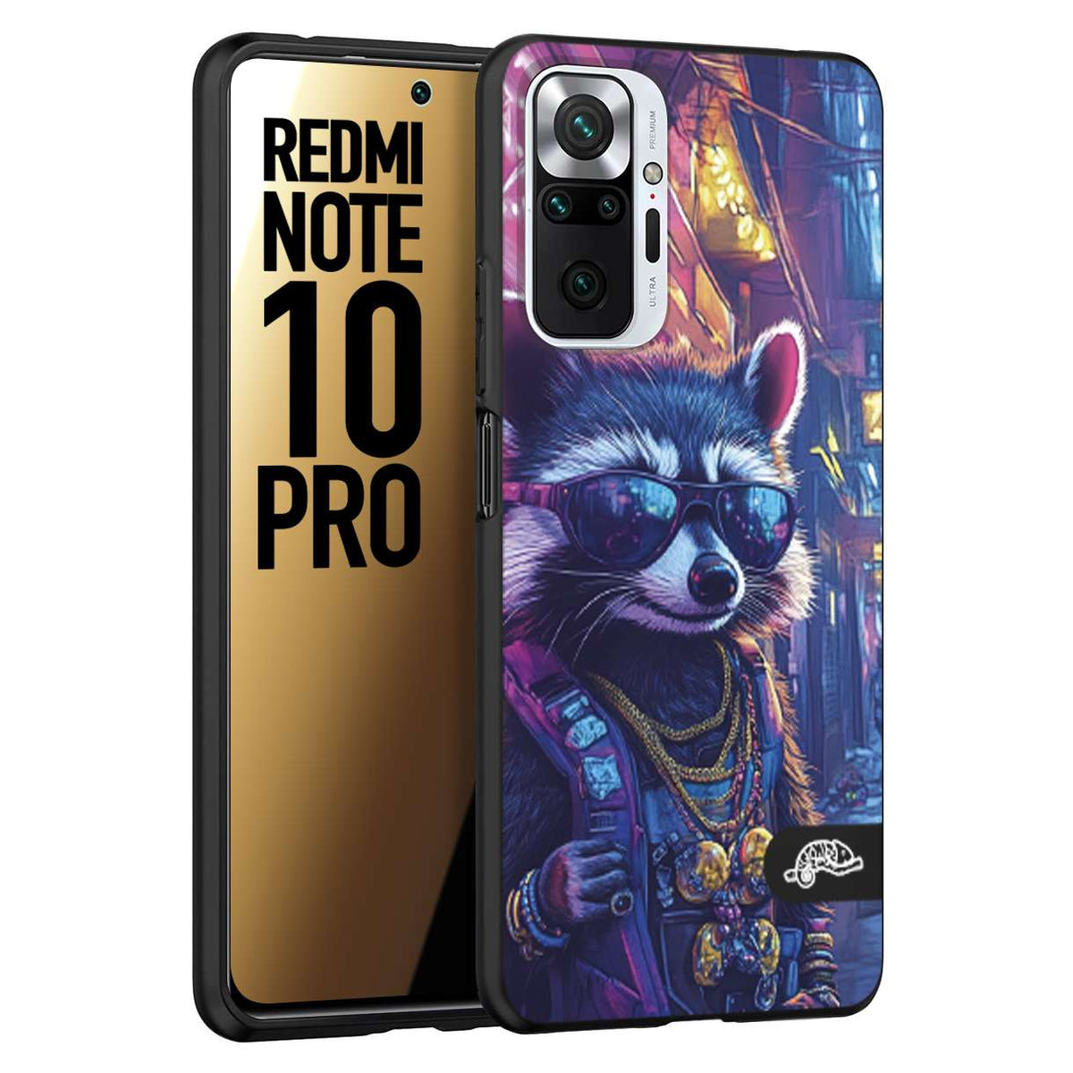 CUSTOMIZZA - Custodia cover nera morbida in tpu compatibile per Xiaomi Redmi Note 10 PRO animali simpatici cyberpunk procione racoon street cat fucsia blu giallo