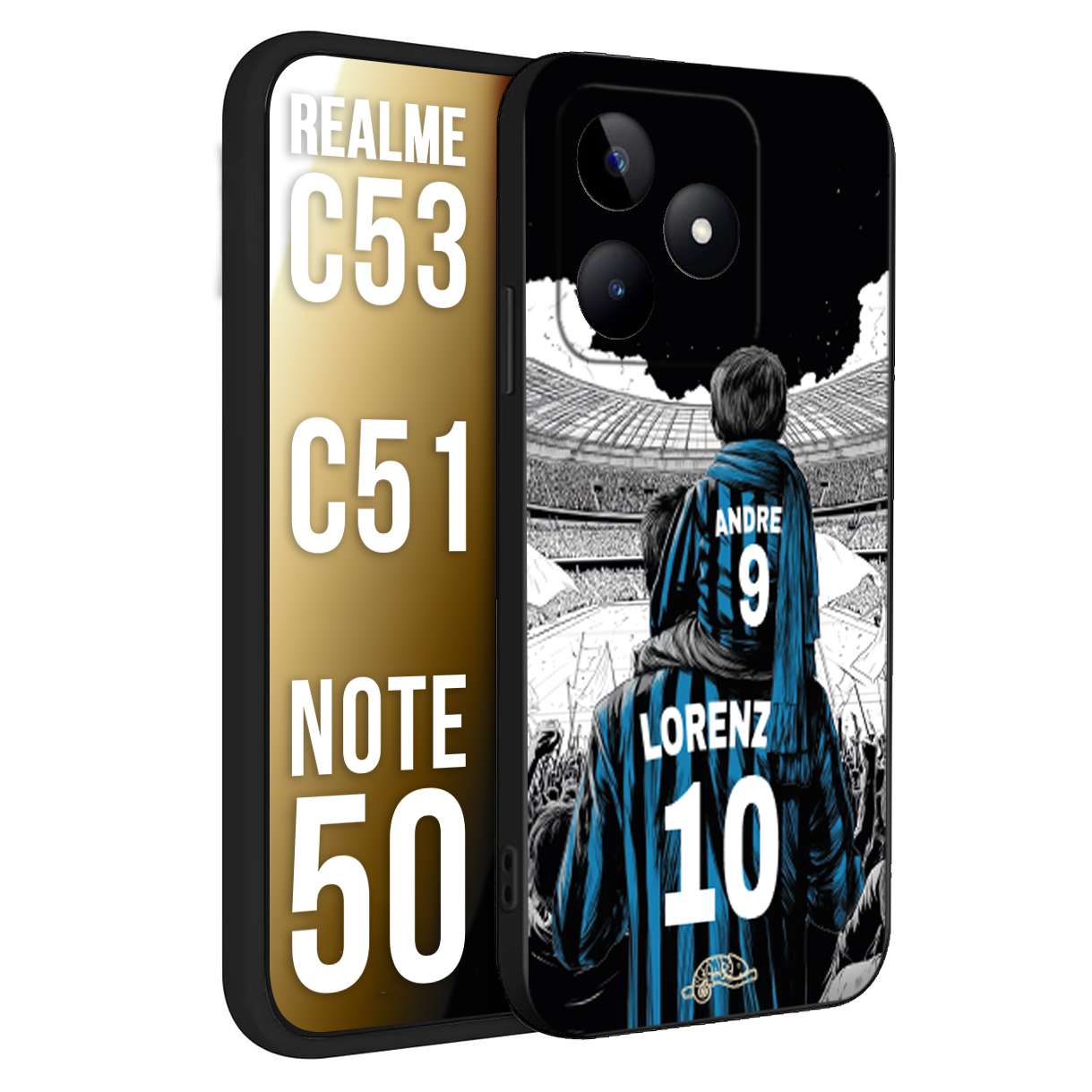 CUSTOMIZZA - Custodia cover nera morbida in tpu compatibile per Realme C53 - C51 - NOTE 50 personalizzata calcio football padre e figlio calciatori nerazzurra