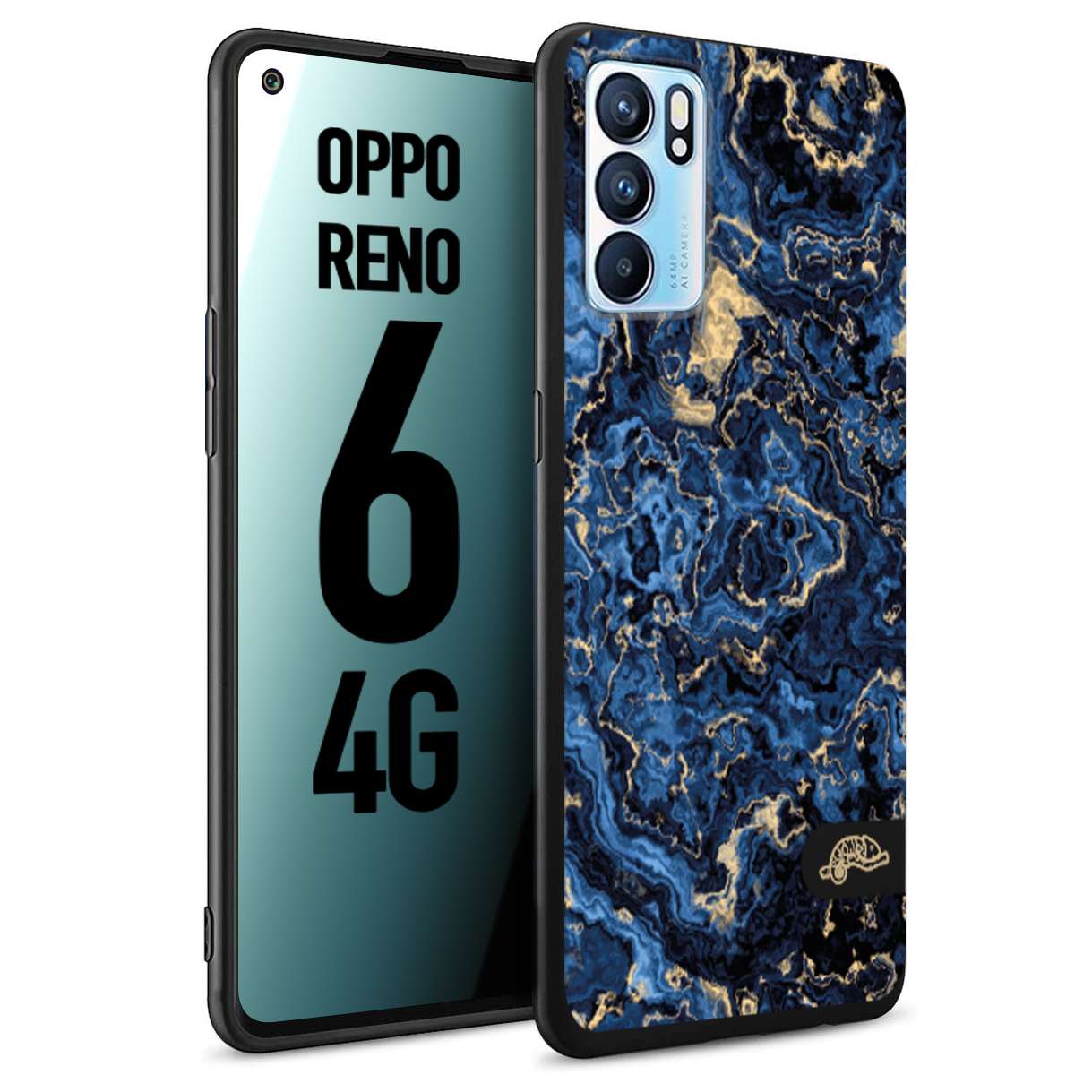 CUSTOMIZZA - Custodia cover nera morbida in tpu compatibile per Oppo Reno 6 4G effetto marmo marble blu venature dorato psichedelico